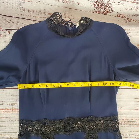 Jonathan Simkhai Blue Dress Black Lace Trim 4 Swing Party Flare Bell Sleeve NWT - Picture 11 of 16